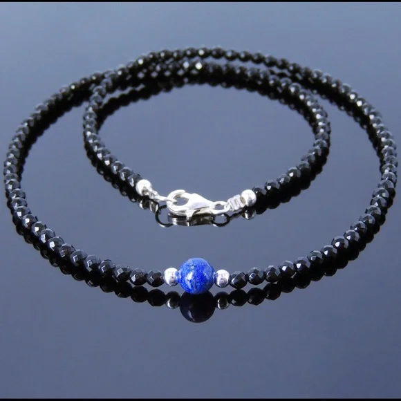 Mens Lapis Lazuli & Black Spinel Beaded Beaded Necklace in sterling Silver